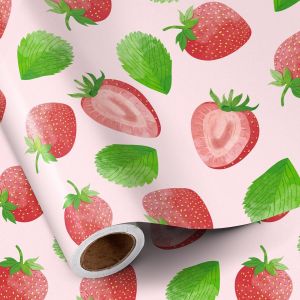 Rouleau de papier cadeau - Mini rouleau - Motif fraises aquarelle et feuilles vertes, Papier cadeau rose, Idéal pour anniversaires, fêtes d'été, fêtes prénatales, 43,2 cm x 5 m - Neuf