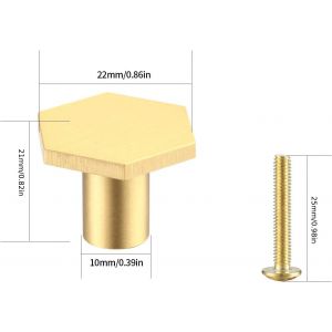 Lot de 10 boutons de porte hexagonaux en laiton massif (22 x 21 mm), pour meubles, placards, tiroirs, commodes, cuisines, &agrave; trou unique, dor&eacute;s - Neuf