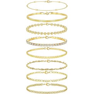 8 Pcs Cha&icirc;ne Bracelets Pour Femme Fille Figaro Zag Chevrons Cha&icirc;ne Bracelets R&eacute;glable Cz Fantaisie Bracelets Ensemble Or Bracelets Pour Femmes Filles - Neuf