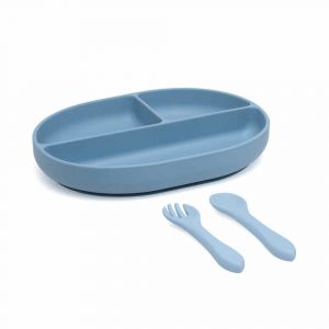 Set Couverts Et Plateau Blw En Silicone Bleu Pour Bebe Kiokids - Neuf