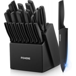 Mevronisshop-Couteaux De Cuisine Avec Bloc 23 Pi&egrave;ces Ensemble De Couteaux Avec Aff&ucirc;teur Int&eacute;gr&eacute;, Bloc De Couteaux Avec Couteau &Agrave; D&eacute;sosser, Couteau &Agrave; Fromage, Noir - Neuf