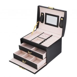 Hjlian Boite De Rangement A Bijoux En Cuir Pu A 3 Niveaux Avec Miroir (Noir) - Neuf
