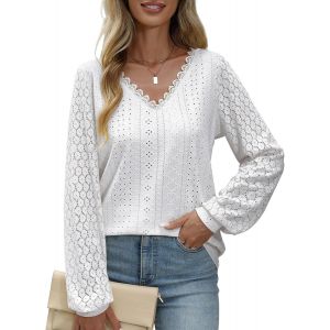 Utigh-Chemisier Femme Chic Et Élégant Blouse Col En V Chemise Manches Longues En Dentelle Haut Tops Décontracté De Couleur Ample Tunique Respirant T Shirts - Neuf