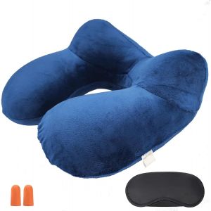 Trahoo-Coussin De Nuque Gonflable - Fabriqué En Velours Doux Et Housse De Coussin Lavable - Compact - Idéal Pour Les Voyages En Voiture, En Avion (Bleu) - Neuf