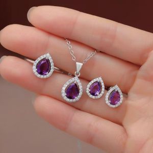 Ensemble Meilleur Bijoux Femme Argent 925 4ps Violet Zircon Goutte D'eau Collier Boucles D'oreilles Anneaux - Neuf
