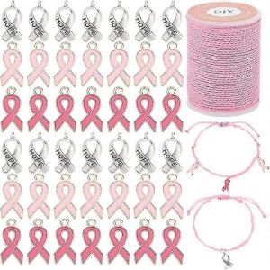 60pcs Cancer Du Sein Conscience Breloques Ruban Rose Et Argent Pendentifs Émail Conscience Dangle Breloques Avec Cordon Ciré Alliage Espoir Pendentifs Pour Femmes Brac - Neuf