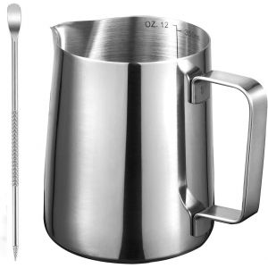 KAL-Pichet À Lait 350 Ml U2013 Pichet À Mousse De Lait En Acier Inoxydable 304 Avec Échelle, Tasse À Mousseur À Lait De 350 Ml Pour Barista, Pichet À Lait Vapeur Avec Stylo, Idéal Pour Cappuccino Et - Neuf