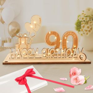 Carte Anniversaire 90 Ans, Décoration d`anniversaire Cadeau Homme Femme avec Chaîne Lumineuse LED & N?ud Papillon & Papier Cadeau, Panneau en Bois Cadeau Argent Décoration de Table Livre d'or - Neuf