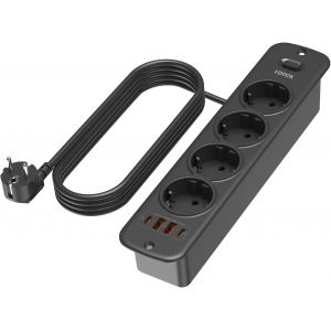 PD 20W Multiprise Encastrable avec 2 USB-C et 2 USB-A, Prise Plan de Travail 4 Prises (4000W/16A), Multiprise Intégrée avec Interrupteur, Prise Encastrable 2M Câble pour Bureau Maison Meuble - Neuf