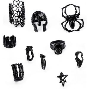 Kahfl-Bague Gothique,10 Pcs Vintage Punk Bague Pour Hommes Femmes Ouvert Noir Anneaux Ensemble Chauve-Souris Diable Araignée Griffe Skul Réglable Knuckle Stacking Anneau Gothique Bijoux - Neuf