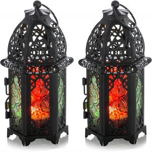 Kalanka-Nuptio 2 Pcs Métal Bougie Bougie Chauffe-Plat Petite Taille Mariage Pièces Maîtresses De Verre Coloré Lanternes Suspendues Créatif Mariage Maison Décoration De Table Cage À Oiseaux, Noir - Neuf