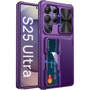 SJZG-Pour Samsung Galaxy S25 Ultra Coque Avec Range Carte & Rfid Blocage & Cache Objectif, Bord En Silicone Militaire Antichoc Rigide Bumper Portefeuille Pour Samsung S25 Ultra 6,9"", Violet Fonc&eacute; - Neuf