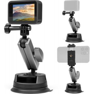 Support &agrave; Ventouse pour GoPro Hero Fixation Ventouse Voiture Action Cam&eacute;ra 360 &deg; Double t&ecirc;te et 1/4 Filet&eacute; T&eacute;l&eacute;phone Compatible avec Gopro Hero 11 10 9 8 7 6 5 Insta360 X3, Osmo Pocket T&eacute;l&eacute;phone - Neuf