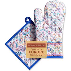ERYI-Gant De Four + Maniques En 100 % Coton, Gants De Cuisine De Pâques Résistants À La Chaleur (19 X 33 Cm) Et Maniques (20 X 20 Cm), Pour Chefs, Femmes, Fleurs Indiennes - Printemps/Été - Neuf