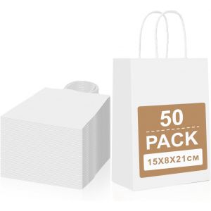 50 Pcs Petit Sac En Papier Kraft Avec Poign&eacute;e,Blanc Sac Cadeau 15x8x21cm,Pochette Papier Sacs Cadeaux,Sachet Kraft Pour F&ecirc;te No&euml;l Mariage Anniversaire - Neuf