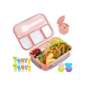 Bo&icirc;te &Agrave; Bento &Agrave; 4 Compartiments Avec Fourchettes &Agrave; Fruits Et R&eacute;cipient &Agrave; Sauce - Rose - Neuf