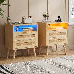 SUBZONAL-Lot de 2 Table de Chevet rotin, &eacute;clairage LED et Prises &eacute;lectriques, la Couleur r&eacute;glable,avec Espace Ouvert et 2 tiroirs, Pieds en Bois Massif, Style Naturel Minimaliste - Neuf