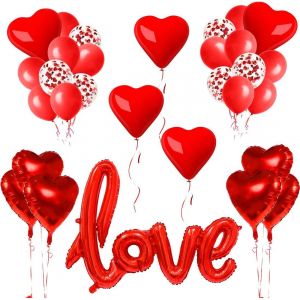 TRAHOO-Décoration Saint Valentin 32pcs - Ballons Coeur, XXL Ballon LOVE, Confettis Coeur, Rouge - Kit Romantique pour Fiançailles et Anniversaire de Mariage - Neuf