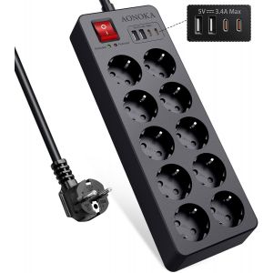 SEPT-Multiprise &eacute;lectrique USB C 10 Prises, Multiprise USB-C avec 4 Ports USB (5V/3,4A) Multiprises Parasurtenseur Parafoudre 10 Prises 4000W Prise Multiple Interrupteur Rallonge Protection Enfant 1, - Neuf