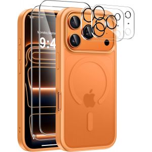 5 In 1 Magn&eacute;tique Coque Pour Iphone 17 Pro Avec 2 Verres Tremp&eacute;s Et 2 Cam&eacute;ra Protecteur, Compatible Magsafe Dos Anti Rayures &Eacute;tui Antichoc Tpu Bumper Housse Pour Iphone 17 Pro 6,3"" -Orange - Neuf
