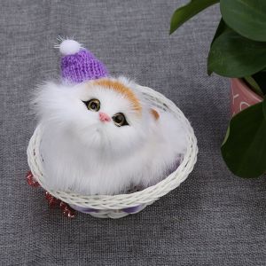 Adorables chats dans un panier en peluche, jouets en peluche, poupee de simulation de chaton avec son, chapeau violet - Neuf