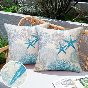 Eryi-Housses De Coussin Imperméable Plage Océan Housse Coussin 40x40 Taie D Oreiller Coquille D'étoile De Mer Housse De Coussin Extérieur Coussin Bleu Nautique Côtier Pour Salon Maison Décoration 2 P - Neuf