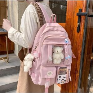 KALEC-Haute Capacité Lycéen Sac À Dos Femmes Coréen Harajuku Ulzzang Dessin Animé Double Sac À Bandoulière Junior Lycée Backpa,White,Sac Et Broche Carte - Neuf