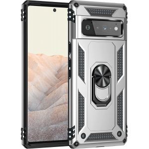 Kal-Coque Pour Google Pixel 6 Pro + Hd Verre Trempé, Silicone Souple Et Pc Dur Armor Protection Résistante, Anti-Choc, Anti-Rayure, Etui Housse Avec Support Kickstand,Argent - Neuf