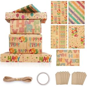 Papier Cadeau,5pcs Papier D'emballage Cadeau Kraft Anniversaire 70x50cm Avec 10 &Eacute;tiquettes+Ruban Adh&eacute;sif Double Face+10m Corde De Paille Pour Femme Fille Homme Garcon Enfant.[F15] - Neuf