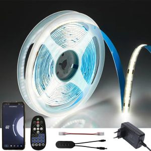 Ruban &Agrave; Cob Led Wifi, 5m Blanc Froid 6000k, Dimmable Bande Lumineuse 8mm Avec Alimentation 24v & T&eacute;l&eacute;commande Rf, Musique, Auto-Adh&eacute;sif, Ip20, Compatible Avec App Tuya[Rub9224571] - Neuf