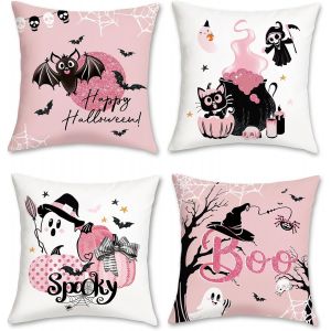 TRAHOO-Housse de Coussin Halloween 45 x 45 cm Citrouille Chauve-Souris Chat Rose D&eacute;coratif Taie d'oreiller pour Canap&eacute; Salon Chambre Chaise Jardin Maison D&eacute;coration 4 Pi&egrave;ces - Neuf