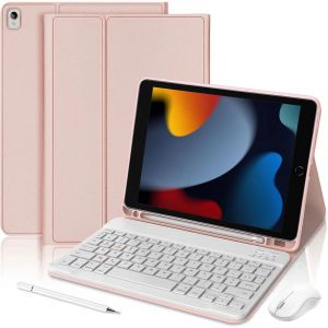 Coque Clavier pour iPad 10,2 Pouces (2019/2020/2021) Cuir PU Rose avec Clavier + Souris Sans Fil + Stylet - Neuf