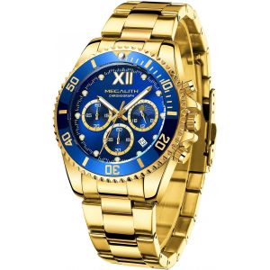 Eryi-Montre Homme Acier Chronographe: Montre Bracelet Or Bleu Analogique Quartz - Montre Etanche Lumineuses Calendrier Élégant Cadeau Pour Hommes - Neuf