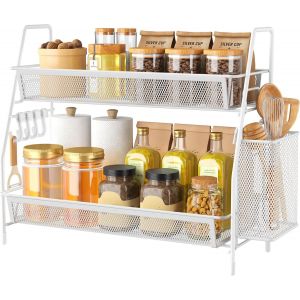 Tianyi-Etagère À Épices En Acier Inoxydable, 2 Étages, Pour Le Comptoir De Cuisine, Support En Métal Pour Le Bureau, La Station De Café, Le Rangement Des Accessoires De Salle De Bain - Blanc - Neuf