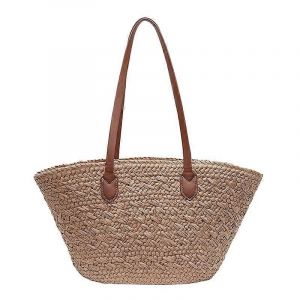 Sac de plage en Paille Sac &agrave; main des Femmes de Boh&egrave;me tiss&eacute; sur m&eacute;tiers &agrave; main de Raphia de Panier Sac en Cuir avec Bandouli&egrave;re en M2-Kaki - Neuf