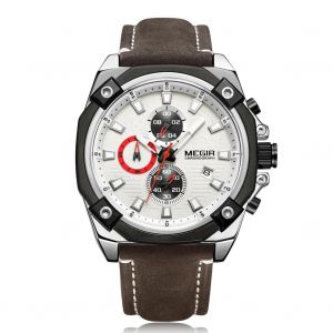 Megir À La Mode Pour Hommes Montre Bracelet En Cuir Montre-Bracelet À Quartz Analogique (Gris + Blanc + Marron) - Neuf