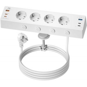 Multiprise de Table USB C 20W, Multiprise avec Interrupteur Individuel, Prise Bureau 4 Prises avec 2 USB-A et 4 USB C, Câble 2M pour Bureau à Domicile (Blanc) - Neuf