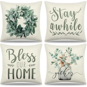 Cauc-Lot De 4 Housses De Coussin Guirlandes Eucalyptus Vase D&eacute;coratif Taies D'oreiller Vertes Plantes Housse De Coussin En Lin Ext&eacute;rieur Canap&eacute; Ferme D&eacute;coration De La Maison, 45x45cm - Neuf