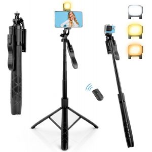 lbgwp60-Trépied Smartphone, 160Cm Extensible Perché À Selfie Trepied Téléphone Avec Stabilisateur Et Lumière De Remplis , Bluetooth Télescopique Compatible Avec Iphone,Android,Gopro,Appareil Photo - Neuf