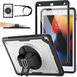 Coque Pour Ipad 9eme/8eme/7eme Generation 10,2 Pouces, Antidérapant Givré Coque Antichoc Avec Béquille/Dragonne Rotative À 360 Degrés/Protecteur D'écran/Porte-Crayon (Transparent/Noir) - Neuf