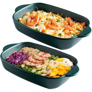 Jexnovashop-Lot De 2 Plats &Agrave; Gratin Et Moule &Agrave; Lasagnes En C&eacute;ramique, Poign&eacute;e, 23,5 X 13 Cm, Multicolore, &Eacute;maill&eacute;, Petit, Rectangulaire, Four, Lasagnes, P&acirc;tisserie, Gratin (Vert Fonc&eacute;) - Neuf