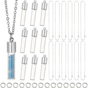 12set Kit De Fabrication De Collier De Fiole Pendentifs De Fiole De Sablier Fait À La Main En Verre Transparent Bouchon À Vis Bouteille Charms Collier Chaîne Et Anneaux De Saut - Neuf