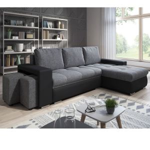 Canapé Angle Convertible Simon Noir / Gris + 2 Poufs - Neuf