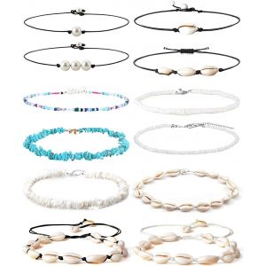 12 Pcs Coquille Colliers Pour Femmes Filles Clavicule Collier À La Main Hawaï Perles Colliers Cauris Conque Bohème Collier D'été Ras Du Cou Plage Bijoux Ensemble - Neuf