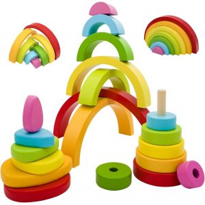 Montessori 3 in 1 Rainbow Stacker Educational Wooden Toys Shape Sorter Stacking Stacking Toys for Babies,Toddlers and Kids 2+,Multicolor - Neuf
