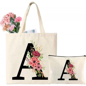 Nzqaf-Cadeau Femme, Sac Fourre-Tout Initiale Personnalisés, Fourre Tout En Coton Trousse De Maquillage, Cadeau Pour Dame, Amie, Mère, Anniversaire, Mariage (A) - Neuf