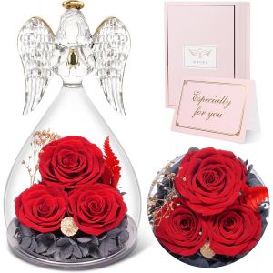Cadeau Saint Valentin Femme, Rose Eternelle Cadeau Maman, 3 Fleur Eternelle avec Ange Figurine, Cadeau Anniversaire Femme, Cadeau Maman/Mamie, Ange Gardien Vraie Rose, Cadeau Fete des Grand Mere - Neuf
