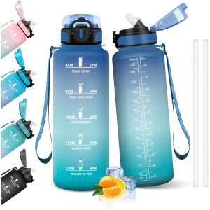 Eryi-Gourde, 1.5l Bouteille, Gourde Sport Avec Paille, Gourde Motivation Avec Marqueur De Temps, Bouteille D'eau, Étanche, Bouteille D'eau Pour Randonnée, Camping, Fitness, Cyclisme - Neuf