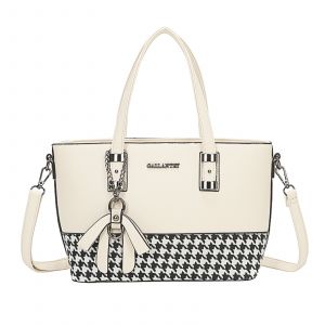 Sac Cabas pour Femme Motif Pied-de-poule avec N?ud et Bandoulière Amovible Gallantry Beige - Neuf