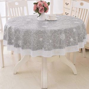 Nappe en dentelle ronde Essuyage en plastique PVC imperméable Nappe ronde résistante aux éclaboussures pour jardin extérieur Fleurs grises 60 pouces - Neuf